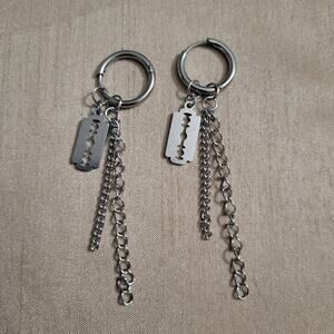Silver razor blade and chain charm hoop gothic earrings